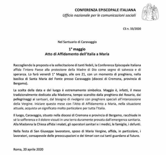 Coronavirus 1 Maggio Affidamento Dell Italia A Maria E San Giuseppe