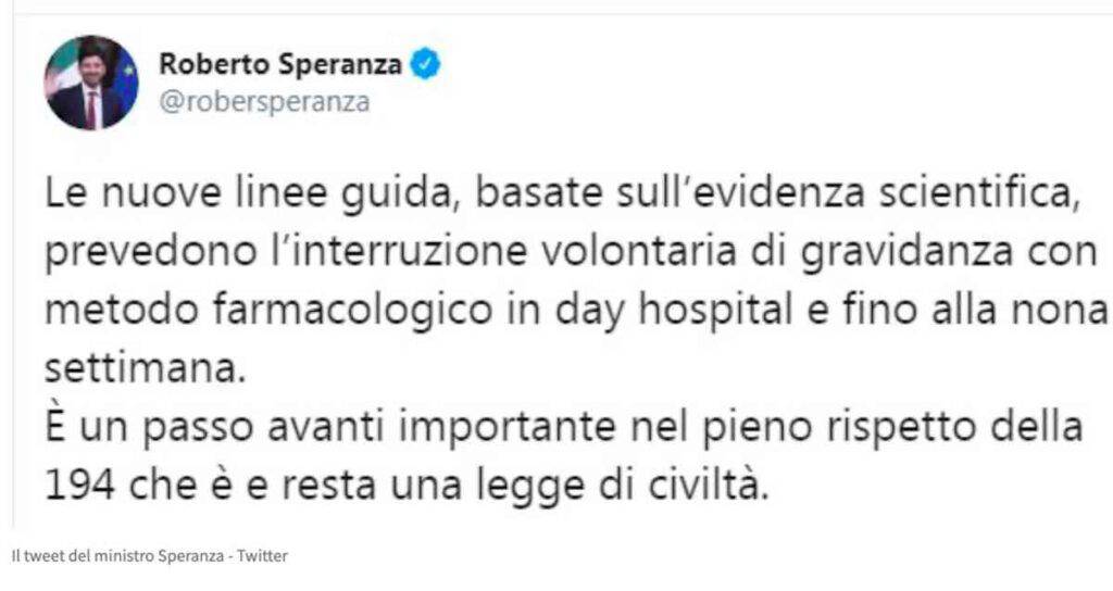 Il ministro Speranza annuncia con un tweet che diventa legale l'aborto farmacologico, la Ru486, a casa