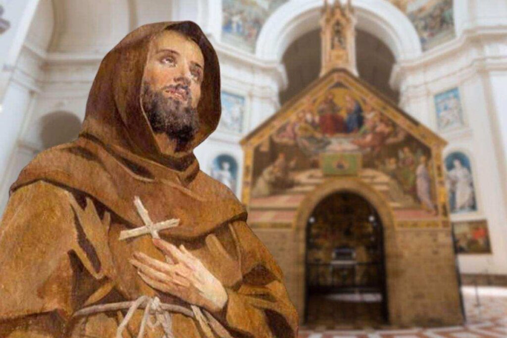 san francesco con sfondo la porziuncola