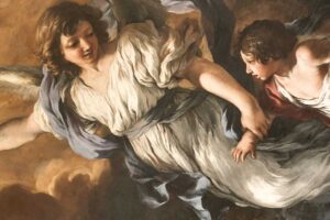 angelo custode che prende per mano un bambino