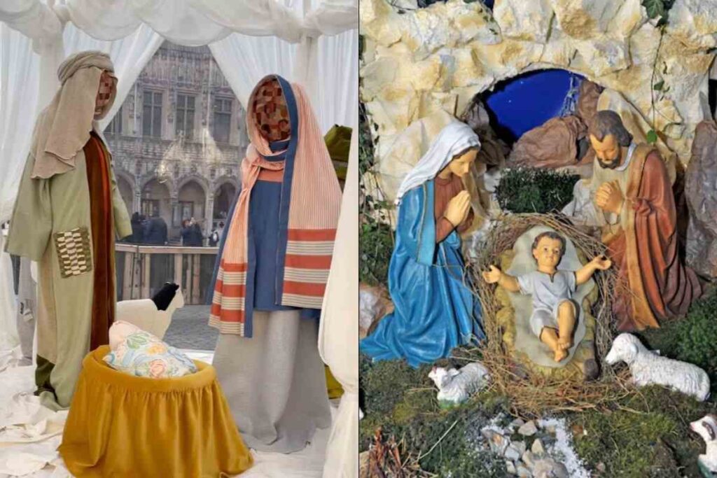 Presepe senza volti e presepe tradizionale a confronto
