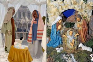 Presepe senza volti e presepe tradizionale a confronto