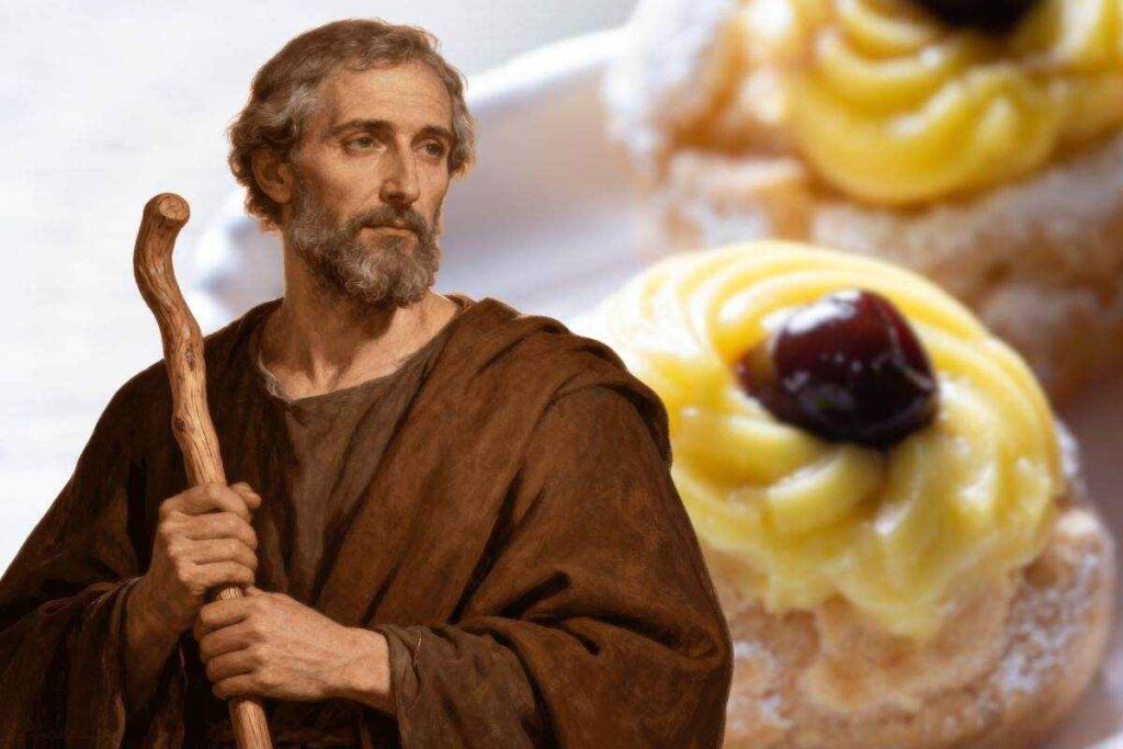 san giuseppe e, sullo sfondo, una zeppola