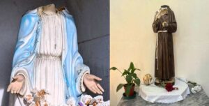 statue di padre pio e della madonna decapitate