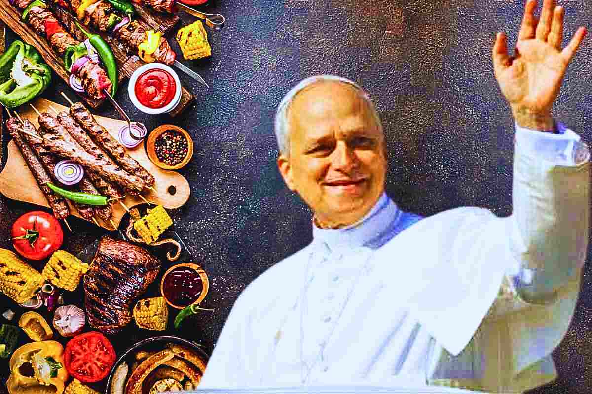papa leone saluta con sfondo alimenti vari
