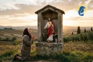 donna che prega il cuore di gesù in una cappellina
