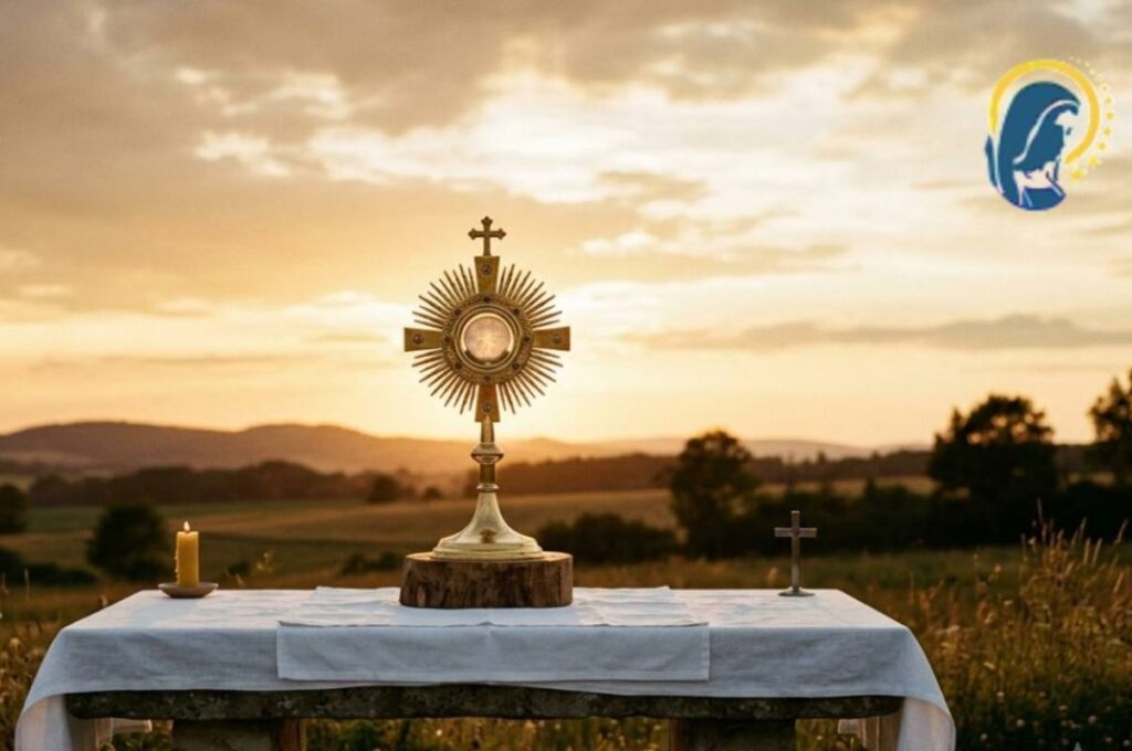 il santissimo sull'altare con sfondo tramonto