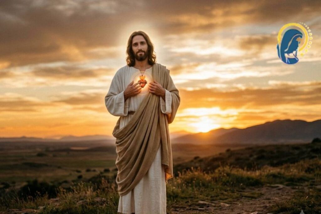 sacro cuore di gesù con sfondo tramonto