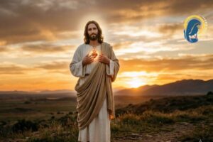 sacro cuore di gesù con sfondo tramonto