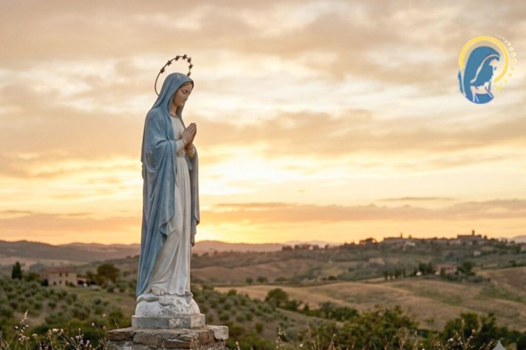 la statua della madonna con sfondo al tramonto