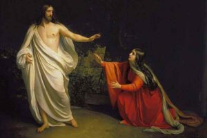 Maria Maddalena inginocchiata cerca di avvicinarsi a Gesù
