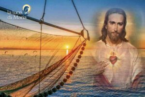 Su uno sfondo di mare, immagine di una rete e di Gesù
