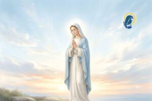 la madonna in preghiera con sfondo di cielo azzurro