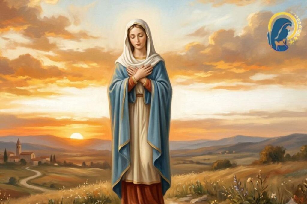 la madonna con sfondo di cielo al tramonto