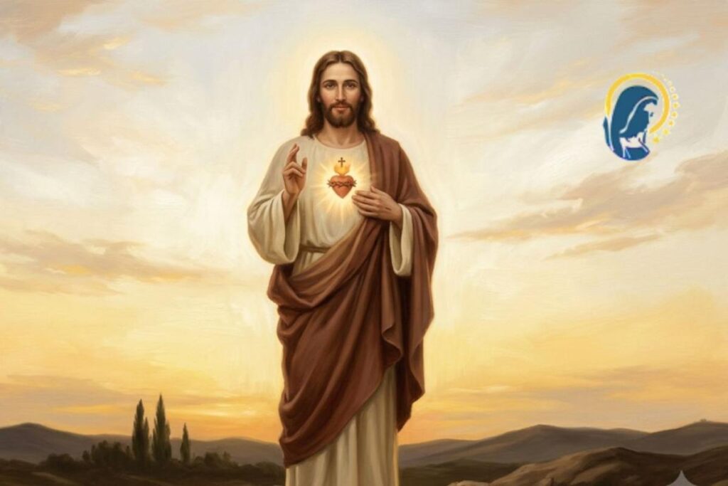 sacro cuore di gesù con sfondo cielo al tramonto