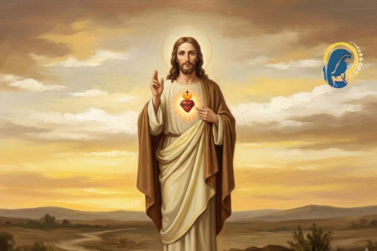 sacro cuore di gesù con sfondo tramonto