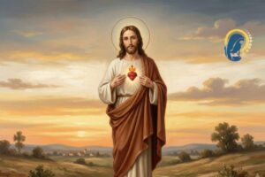 sacro cuore di gesù con sfondo al tramonto