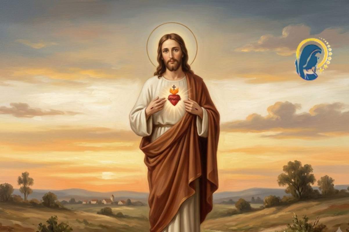 sacro cuore di gesù con sfondo al tramonto