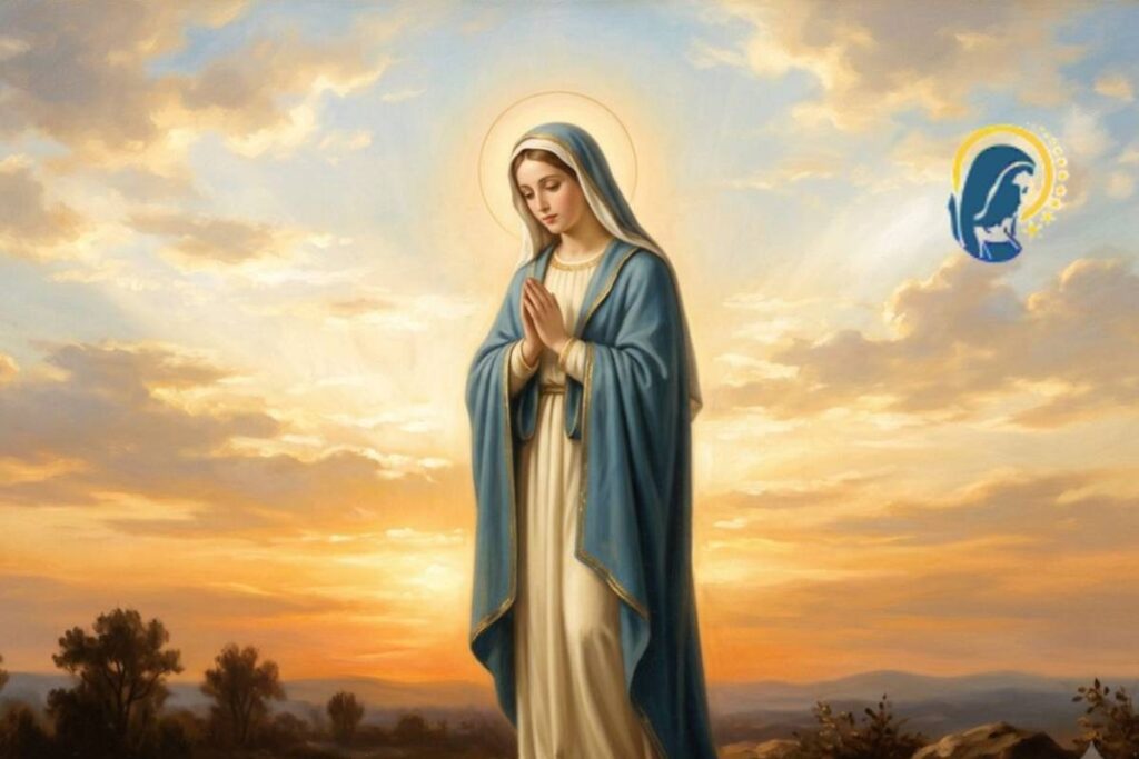 maria in preghiera con sfondo tramonto