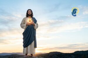 gesù e il sacro cuore con sfondo cielo all'alba