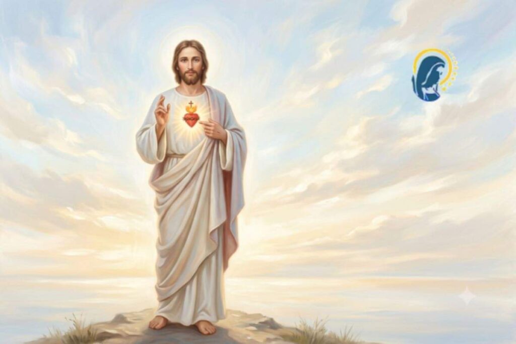 gesu e il sacro cuore con sfondo di cielo