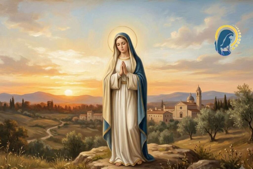 la madonna che prega con sfondo tramonto