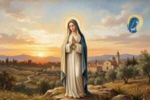 la madonna che prega con sfondo tramonto