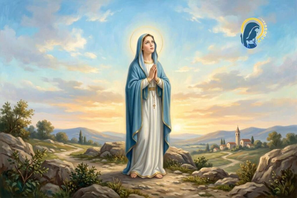 la madonna in preghiera con gli occhi rivolti al cielo
