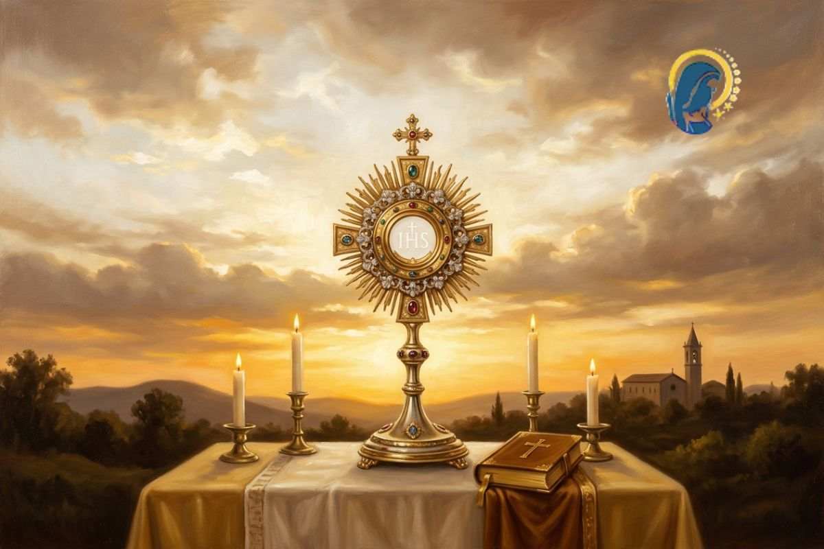 santissimo sacramento con candele al fianco e cielo al tramonto