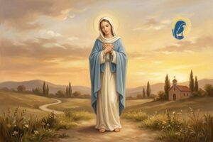 maria in preghiera con sfondo cielo al tramonto