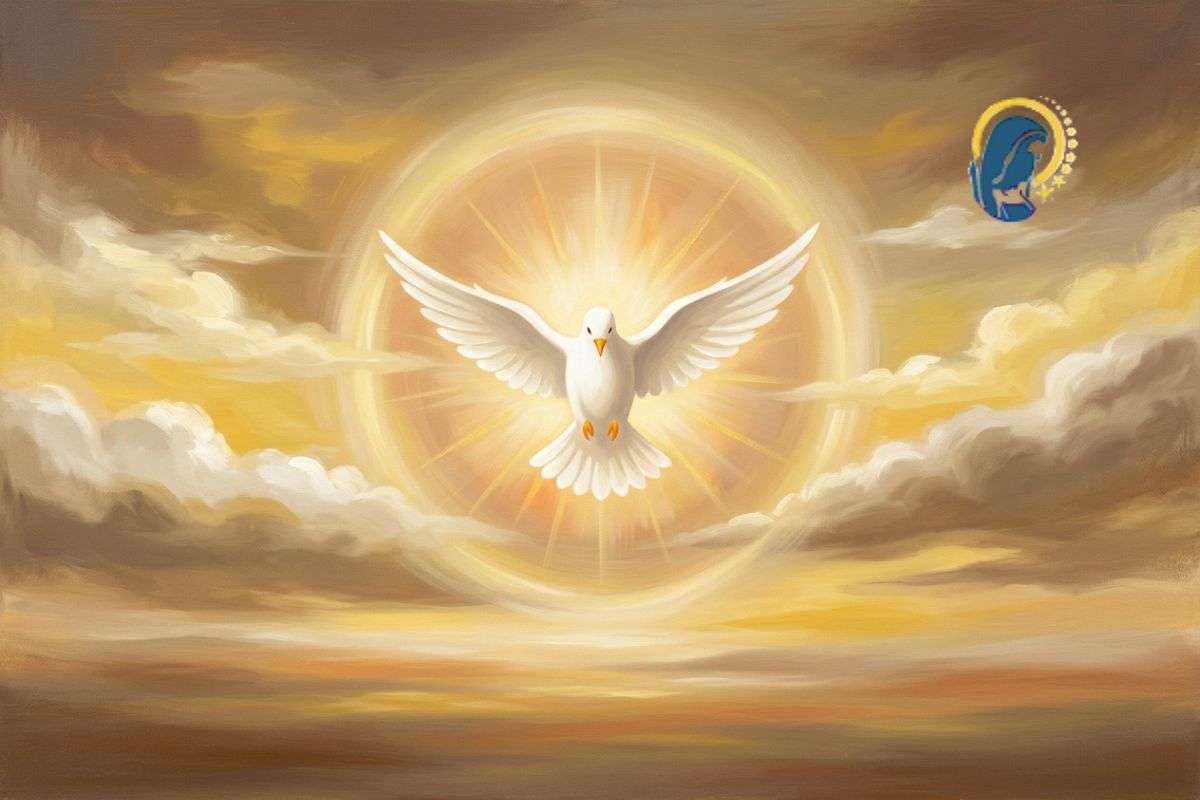 colomba spirito santo con luce soffusa alle spalle al tramonto