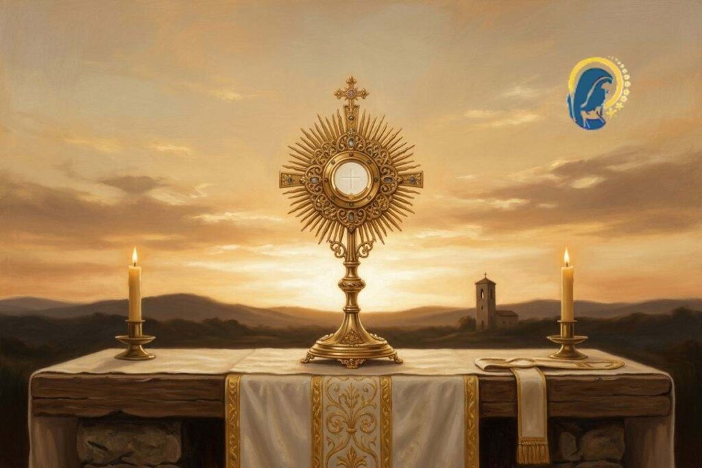 santissimo sacramento sull'altare con sfondo tramonto
