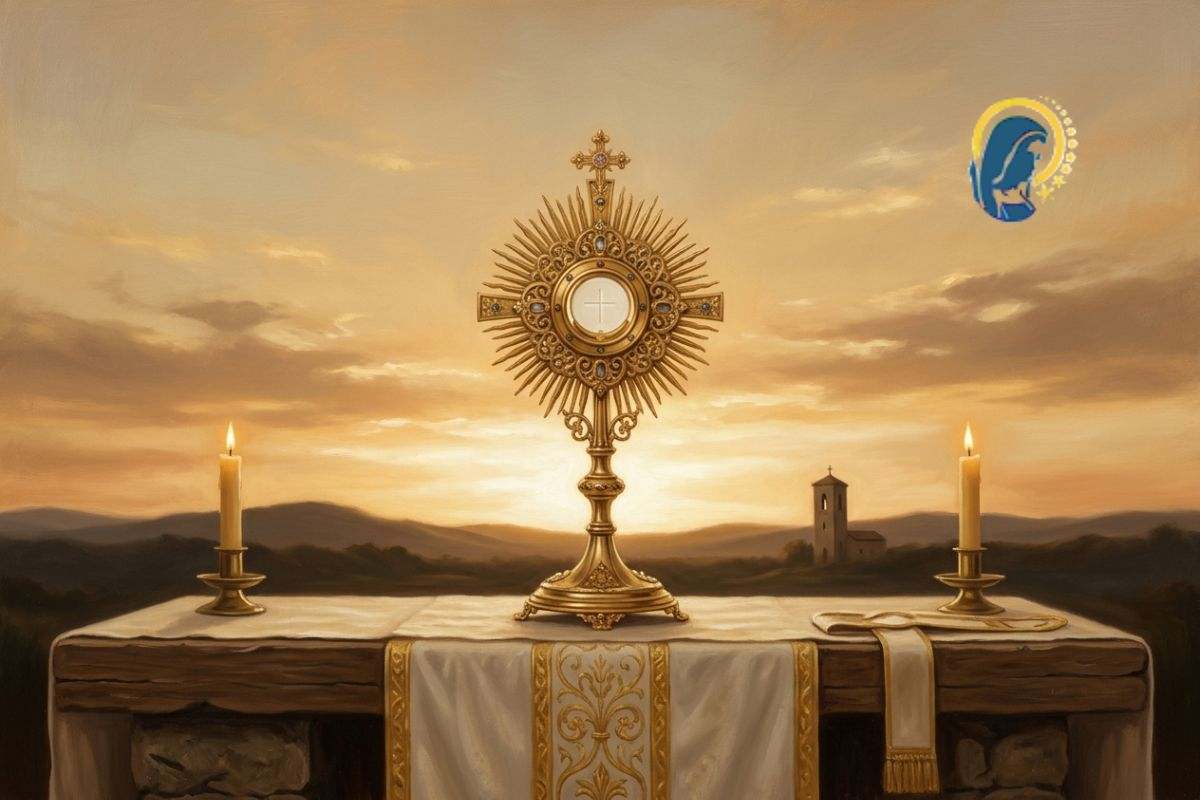 santissimo sacramento sull'altare con sfondo tramonto