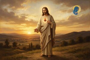 sacro cuore di gesù di oggi con sfondo cielo al tramonto