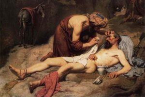 Un uomo cura un malato (il buon samaritano cura il suo prossimo)