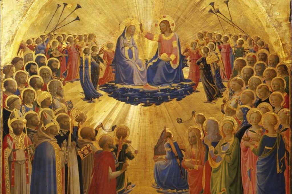 tutti i santi in cielo con al centro gesù e la madonna