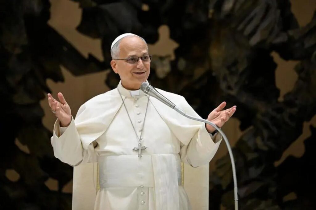 papa leone al microfono in udienza