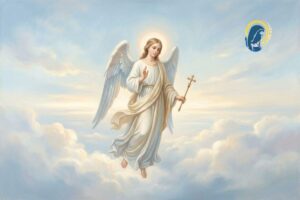 angelo in cielo con in mano una croce