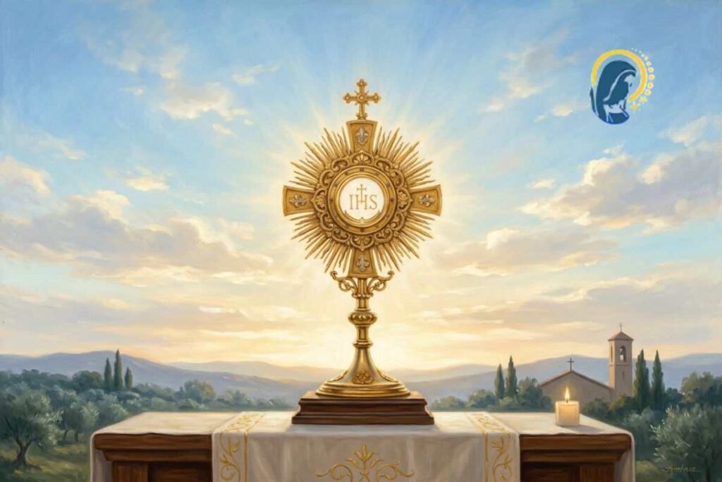 santissimo sacramento sull'altare con la luce del sole alle sue spalle