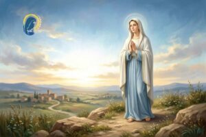 madonna in preghiera con sfondo cielo all'alba