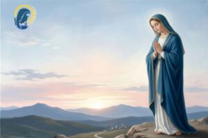 la madonna in preghiera con sfondo cielo all'alba