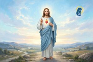 sacro cuore di gesù con sfondo cielo azzurro