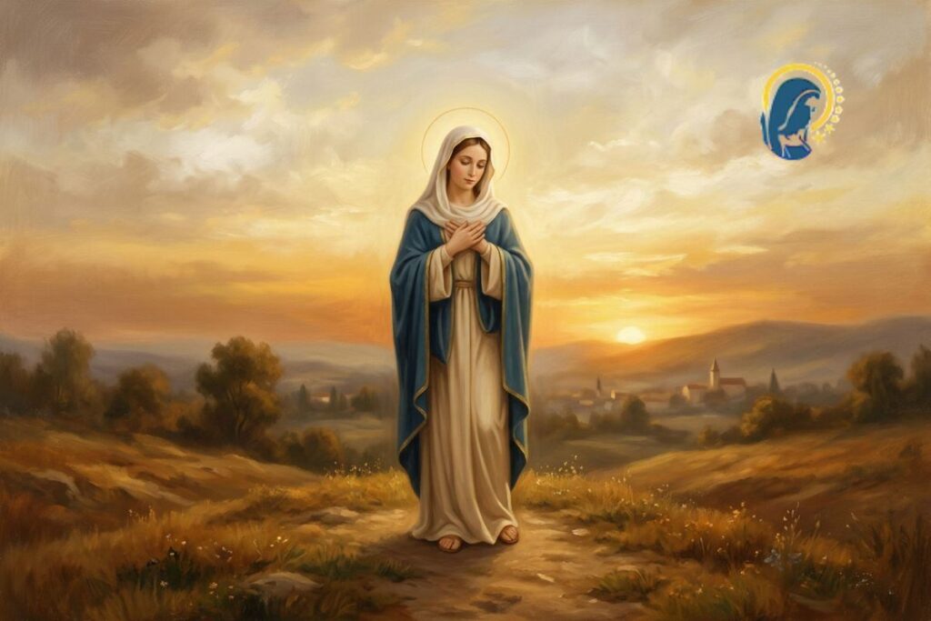 la madonna in preghiera con sfondo cielo al tramonto