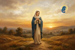 la madonna in preghiera con sfondo cielo al tramonto
