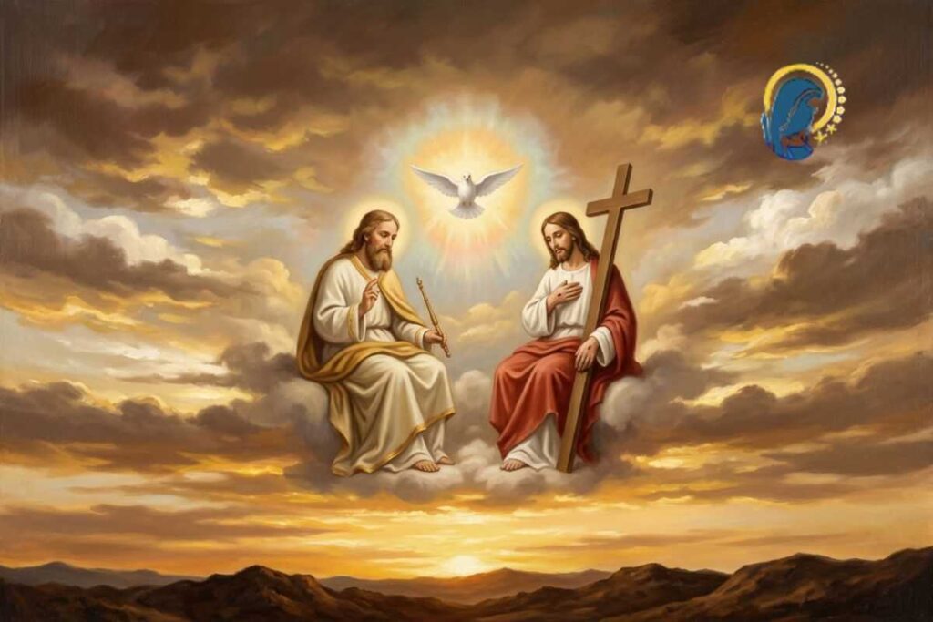 trinità in cielo illuminata dallo spirito santo
