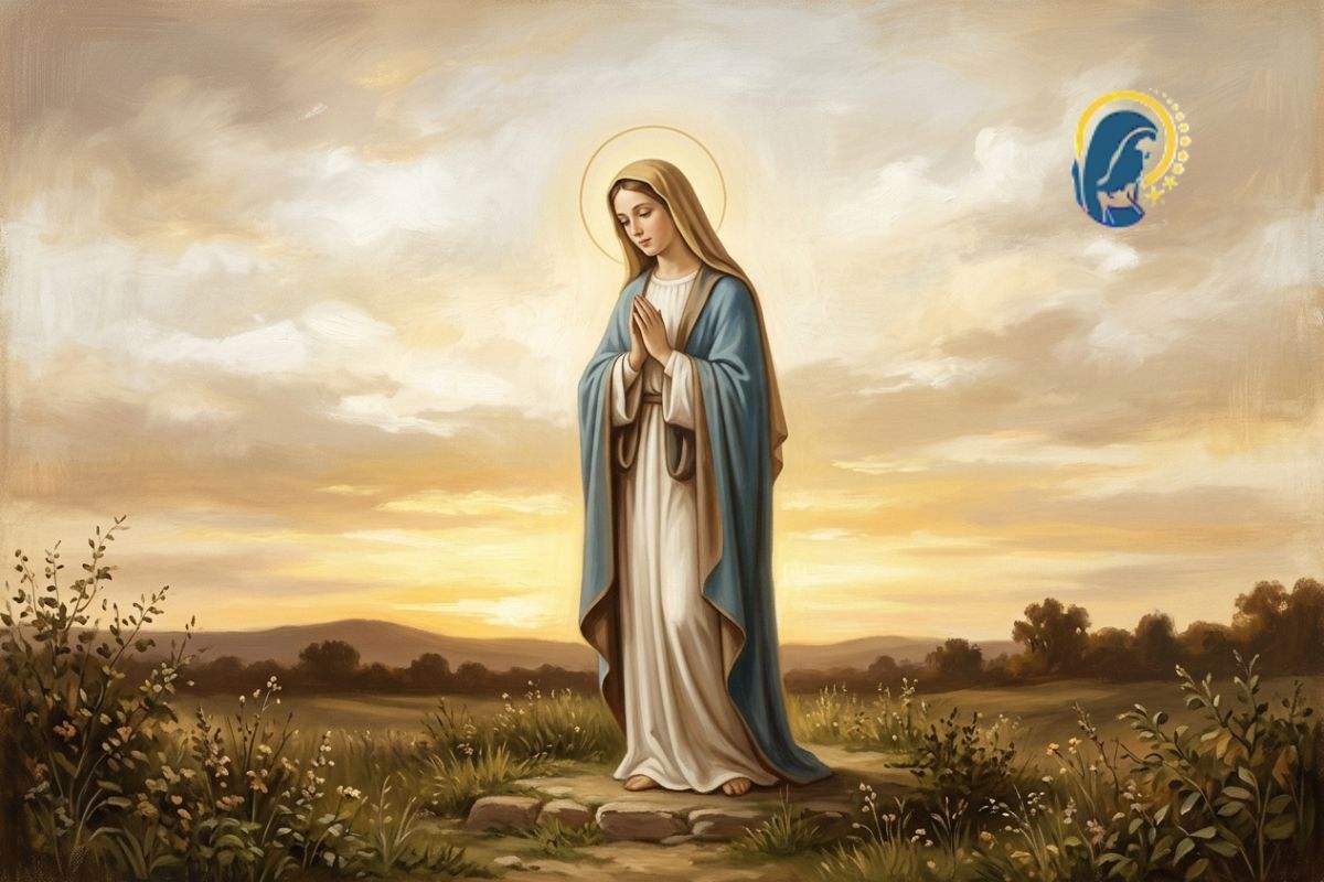 madonna che prega con sfondo cielo al tramonto