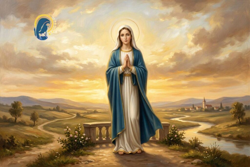 maria a mani giunte con sfondo al tramonto