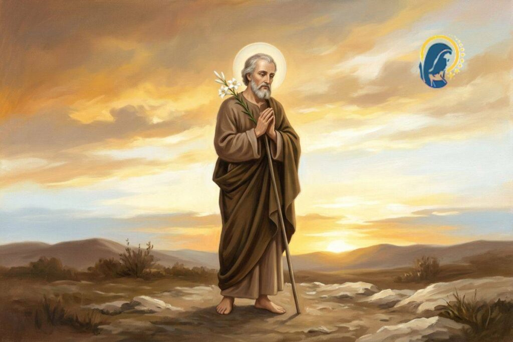san giuseppe prega con sfondo cielo al tramonto