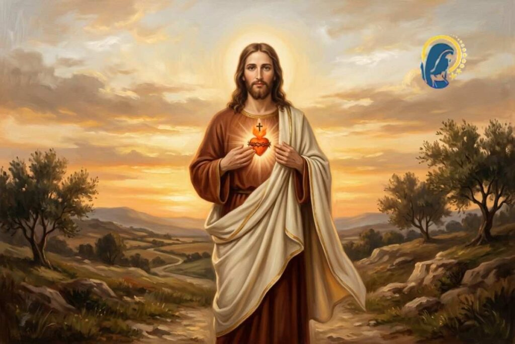 sacro cuore di gesù con cielo al tramonto come sfondo