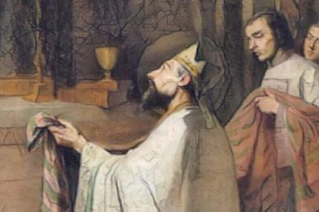 san folco in ginocchio davanti all'altare